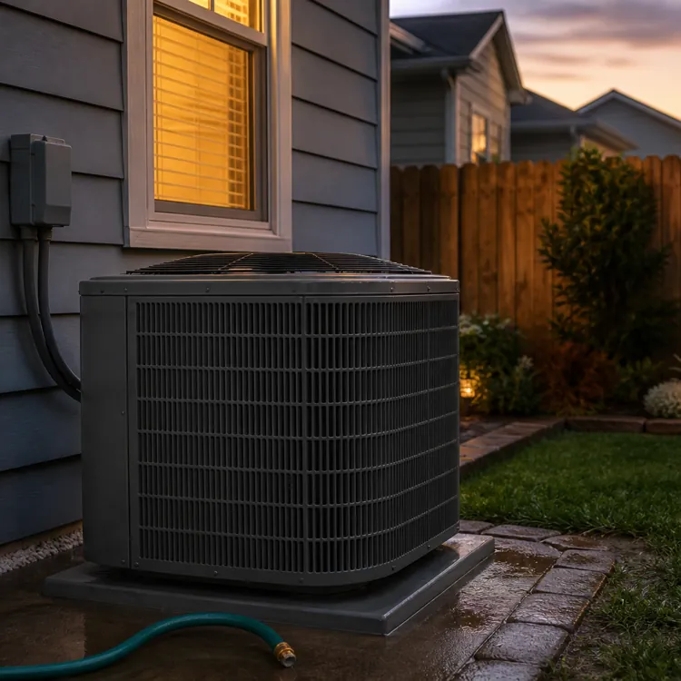 outdoor air conditioning unit beside house at dusk with garden and wooden fence