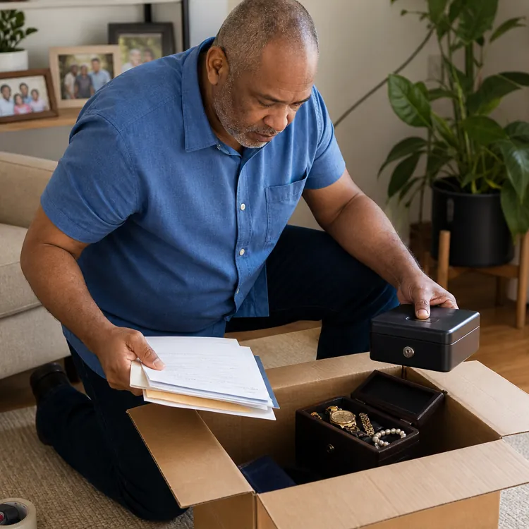 Man kneeling by a cardboard box with documents, a lockbox, and jewelry in a living room