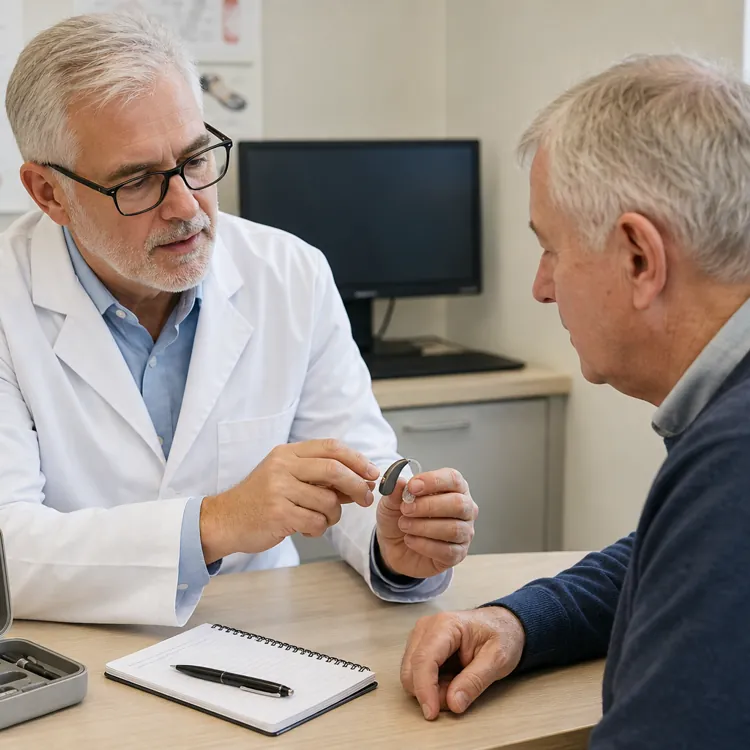 Doctor showing a hearing aid to an older man at a desk with a hearing aid kit nearby
