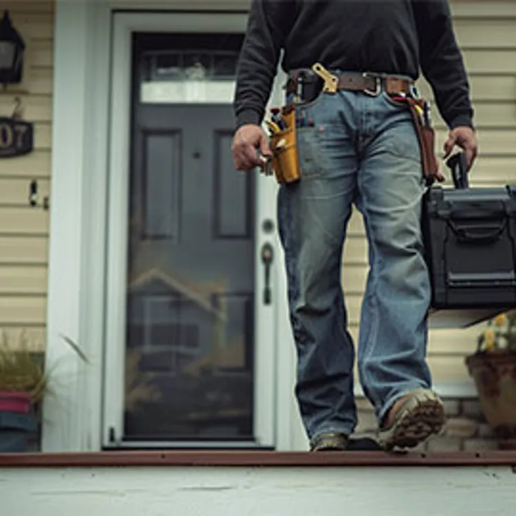 technician carrying a tool box leaving a home after a service call