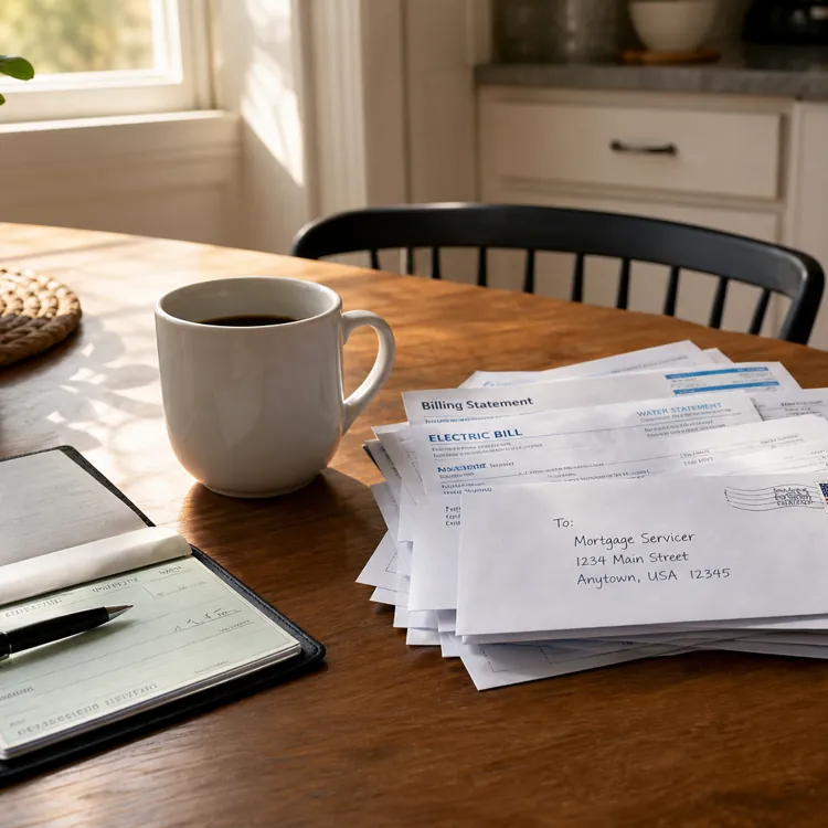 Stack of bills, checkbook, coffee cup, and notepad on a sunlit kitchen table