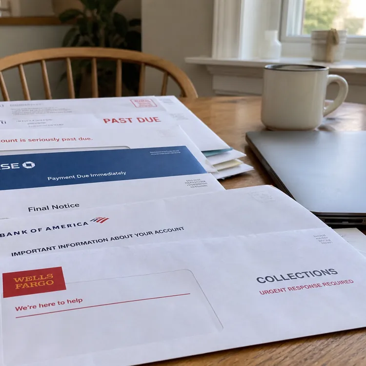 Stack of overdue bill envelopes from banks and lenders on a wooden table next to a laptop and mug