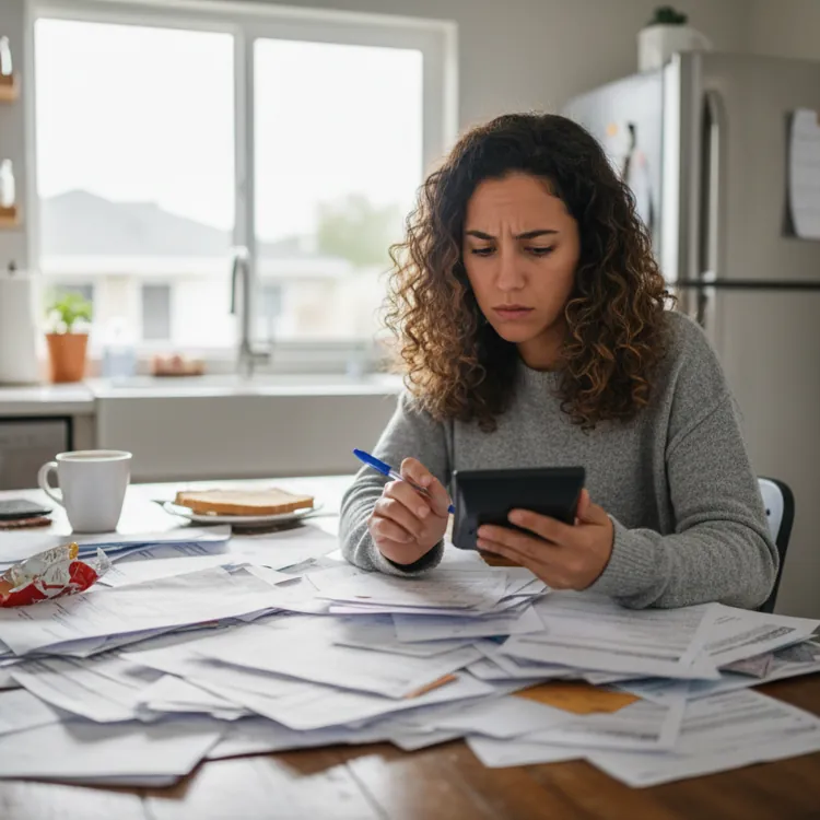 Woman sitting at a kitchen table surrounded by bills, using a calculator with a focused expression.