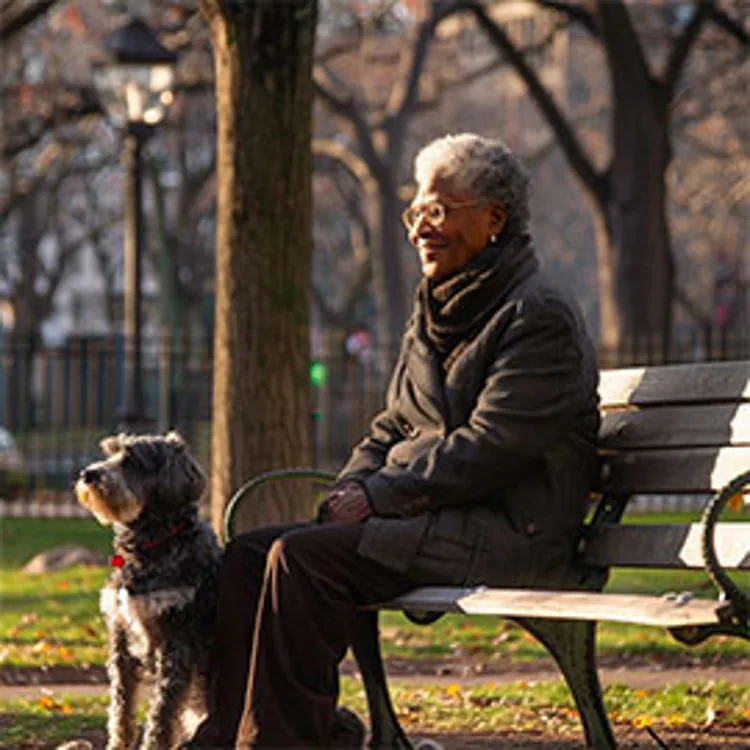 elderly sitting on a bench with a dog