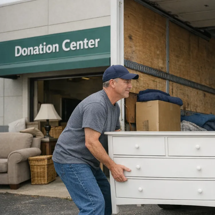 Two men carry a white dresser from a moving truck to a donation center