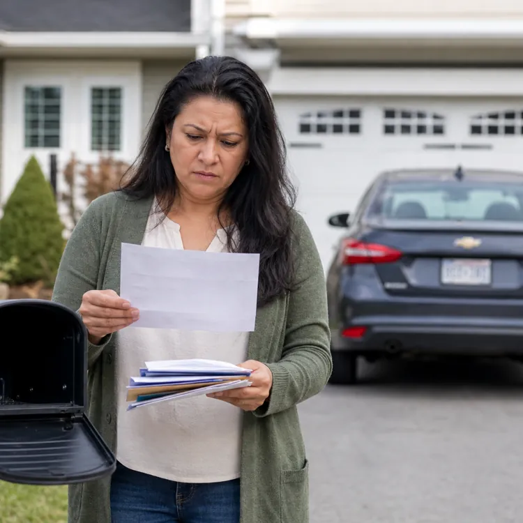 Woman stands by mailbox reading mail with a concerned look in front of a house and parked car