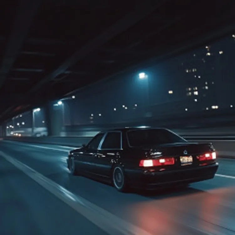black car driving down the freeway at night