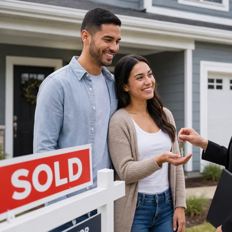 Young couple receives house keys from agent in front of a sold sign and new home