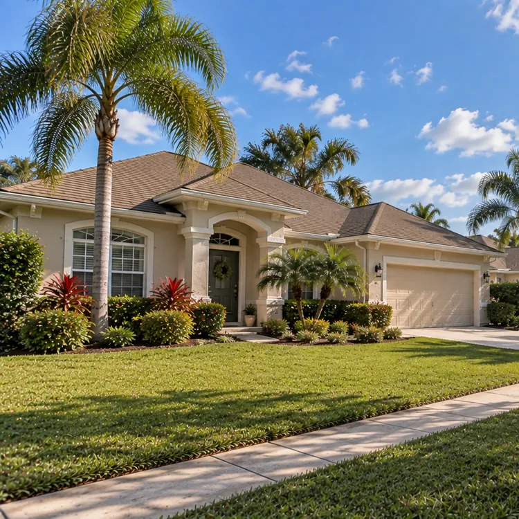 Single story suburban house with a manicured front yard, palm trees, and a driveway on a sunny day
