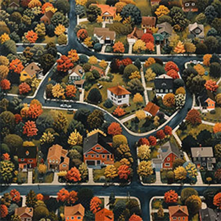 Aerial view of a residential area with yards and trees