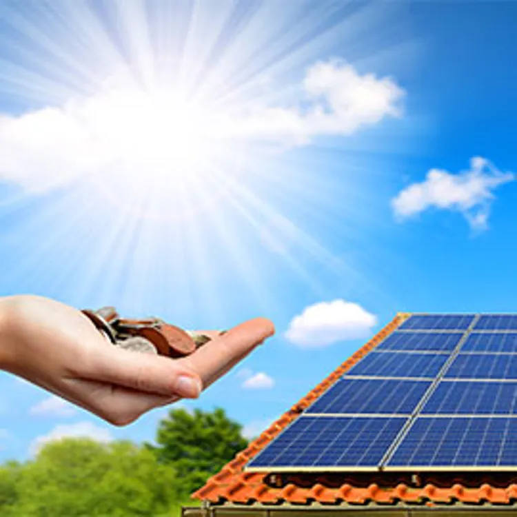 solar panel on the roof of a house and a hand holding some coins