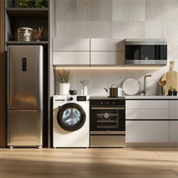 kitchen appliances arranged side-by-side beside a sink and counter