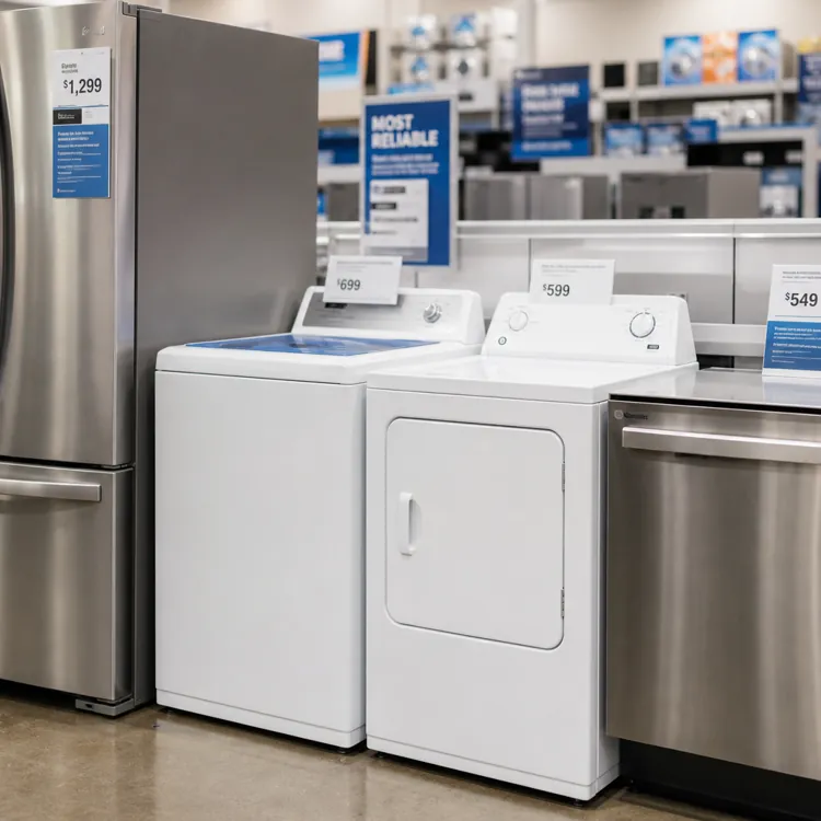 Stainless steel refrigerator, washer, dryer, and dishwasher displayed in an appliance store