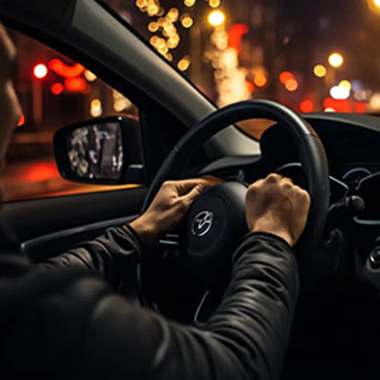 man driving a car during Christmas rush