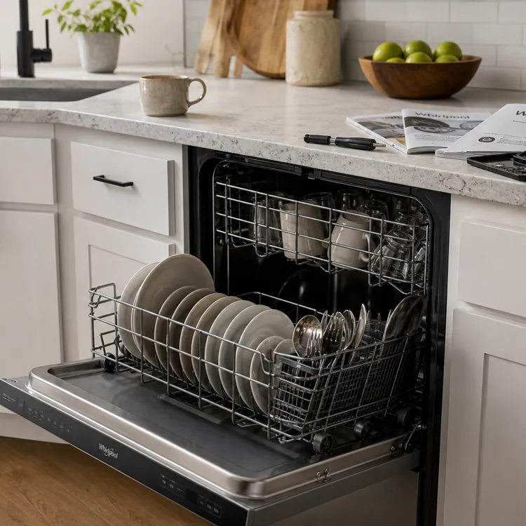 Open dishwasher with clean dishes in a modern white kitchen