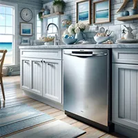 stainless steel built-in dishwasher alongside white kitchen cabinets