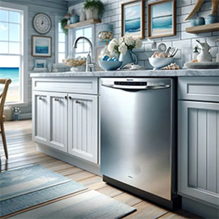 stainless steel built-in dishwasher alongside white kitchen cabinets