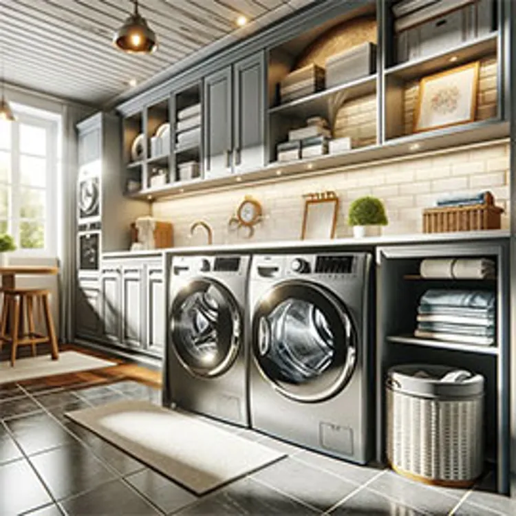 modern laundry room with whirlpool washer and dryer set with metallic finish