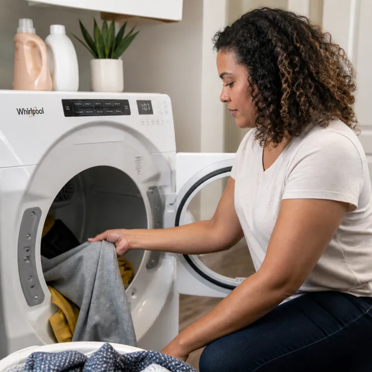 Woman loading clothes into a front load dryer in a laundry room