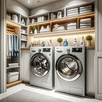whirlpool washer and dryer set in a laundry room