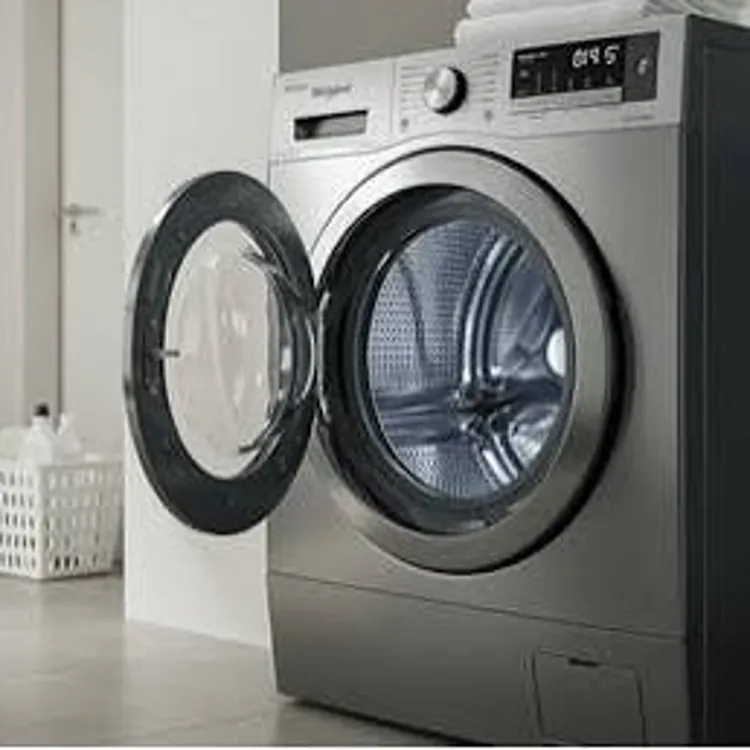 Front-loading washing machine with open door in a laundry room with baskets and detergent bottles