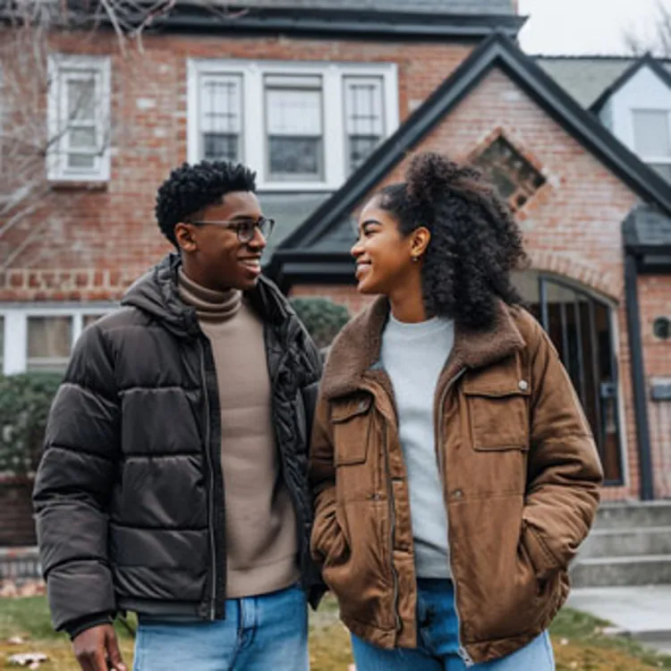 a diverse couple standing next to a house