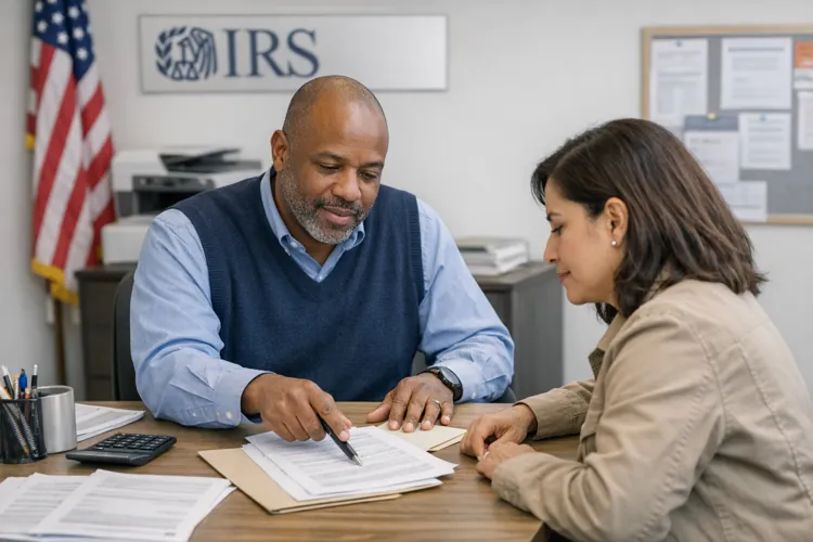 Two people sitting at a desk in an office, discussing documents with an IRS sign in the background.