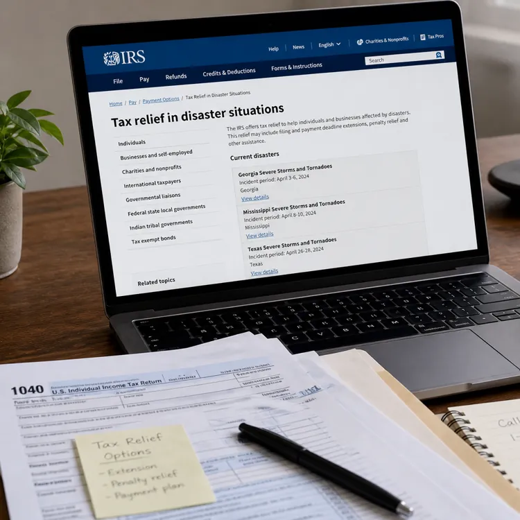 Laptop displaying IRS tax relief page next to tax forms, calculator, notebook, and coffee mug on a desk