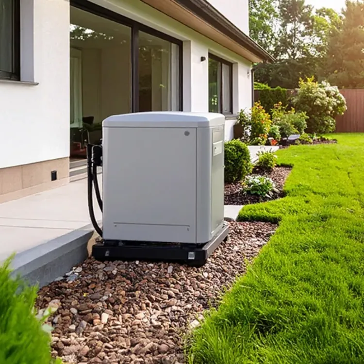 Standby generator installed on a gravel bed beside a modern house with a green lawn