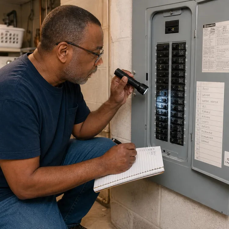 Man inspecting a circuit breaker panel with a flashlight and taking notes in a basement laundry area