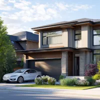 modern two-story home with small front yard and car parked in front of garage