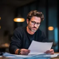a man sitting while reading documents he is holding