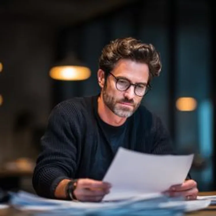 a man sitting while reading documents he is holding