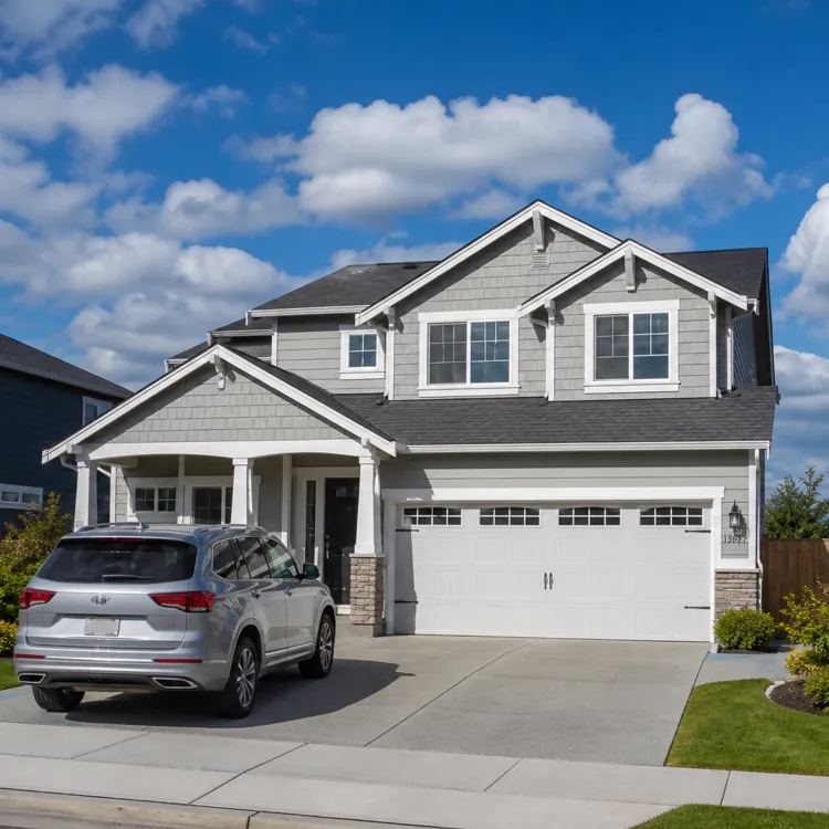 Modern gray two story house with white trim and SUV parked in driveway on a sunny day