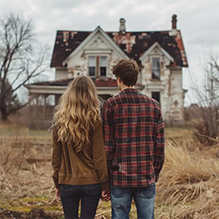 young man and woman looking at a house in foreground