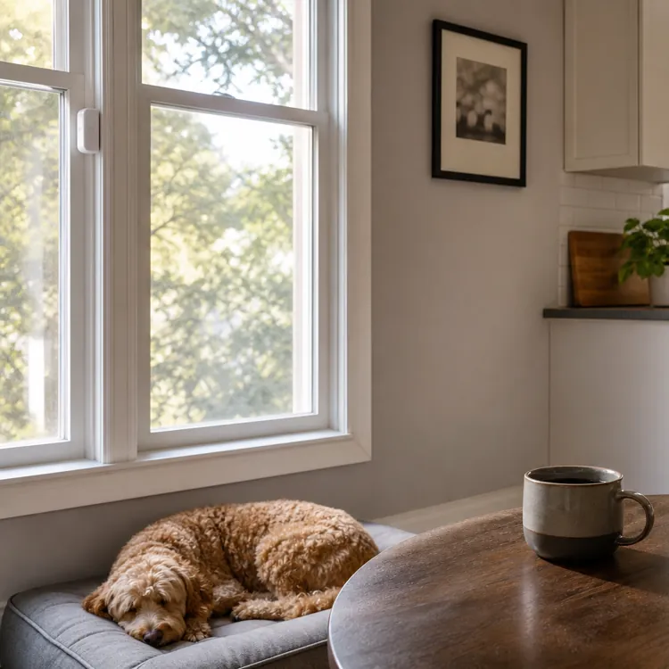 Small dog sleeping on a bench by a sunny kitchen window with a mug on a wooden table