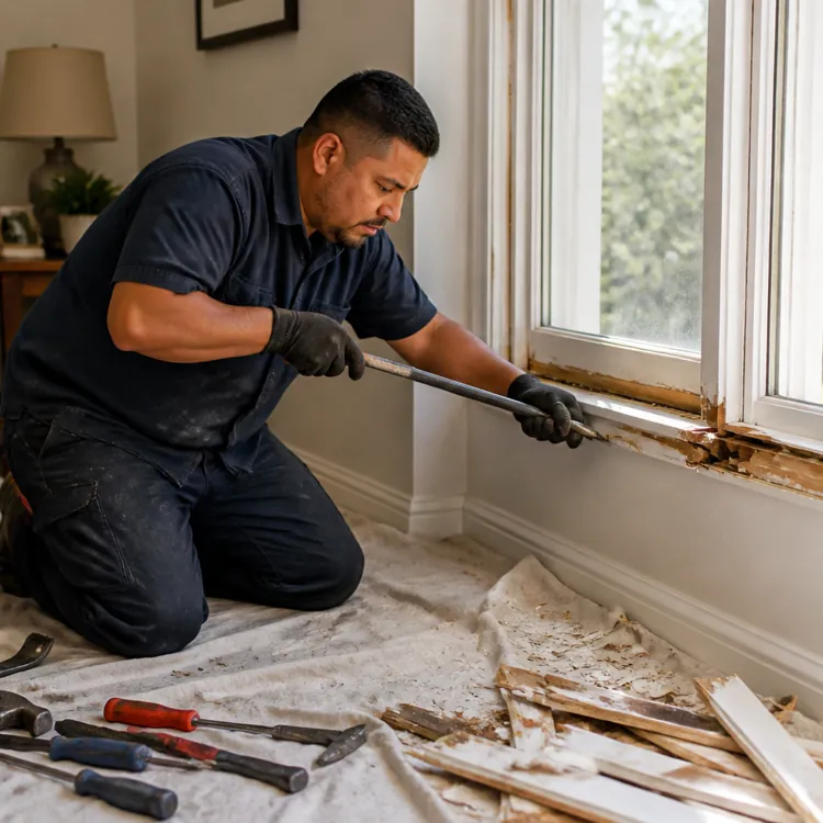 Man kneeling and repairing a window frame with tools and wood pieces on a cloth in a living room