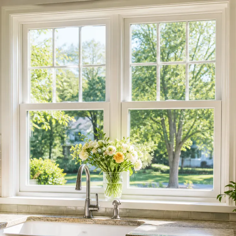 Bright kitchen sink area with a bouquet of flowers on the windowsill and trees visible outside