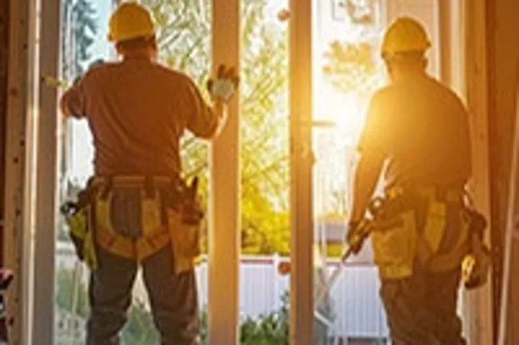 two men installing a glass door
