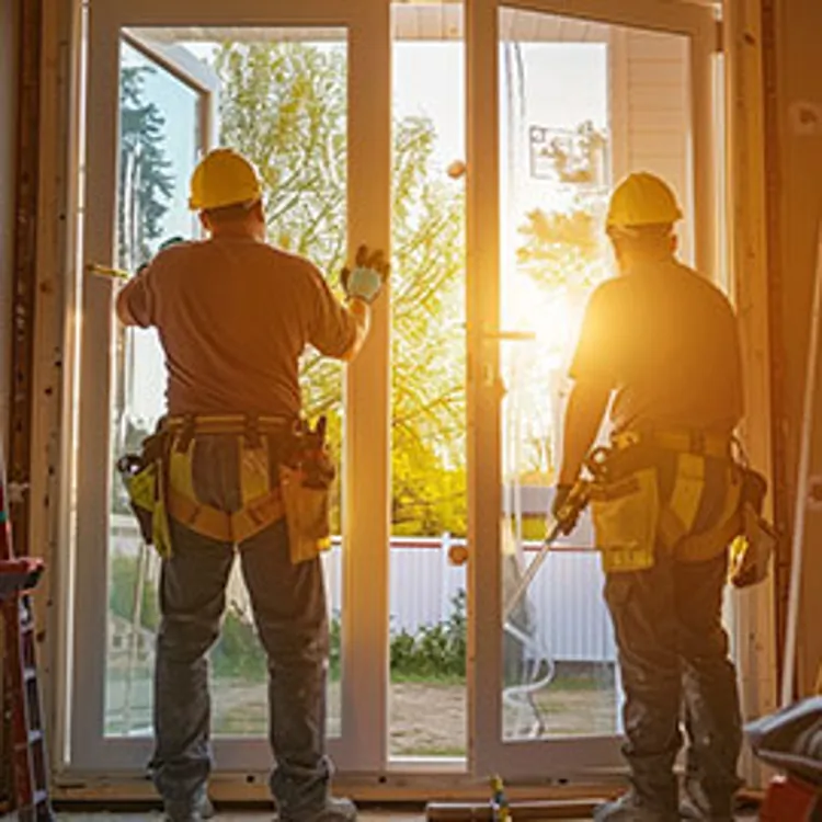 two men installing a glass door