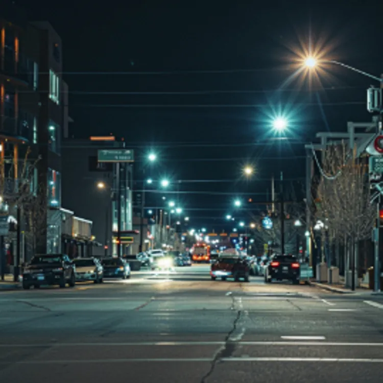 a downtown street at night with a few parked cars