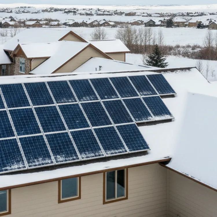 Snow-covered house with solar panels on roof in a suburban neighborhood in winter